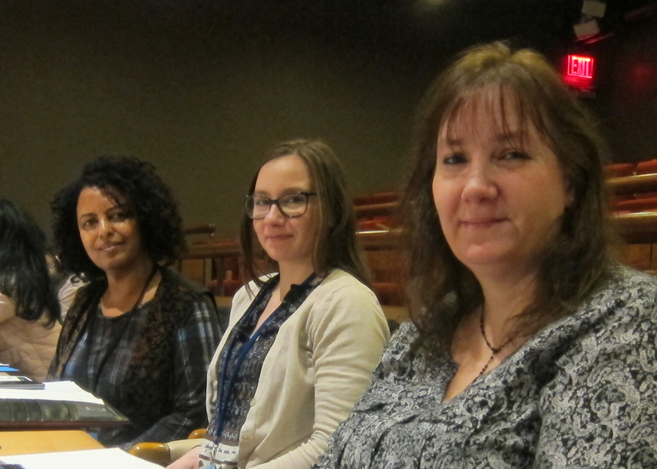 Professor Tekleab with QCC/WCA/UN student representatives Kaitlyn Cicciariello and Alisa Leavy.