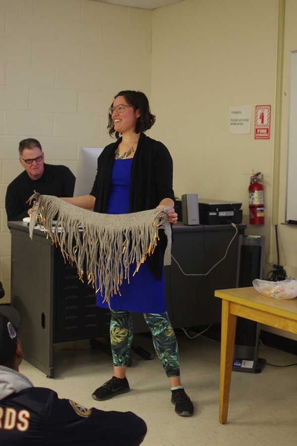 Maria Hupfield, visiting artist, with a skirt she created