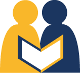 Tutoring logo that has two colorful figures reading a book together