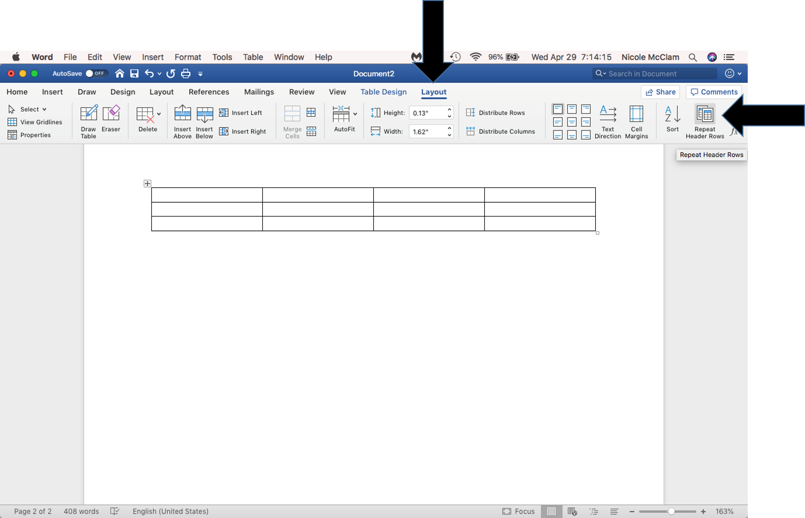 Creating a Table on Microsoft Word