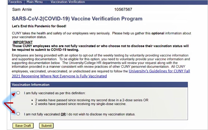 Vaccine Verification page on CUNYFirst