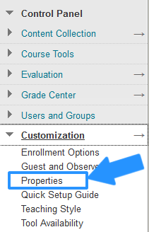Shows the link to the Properties page in the customization Menu