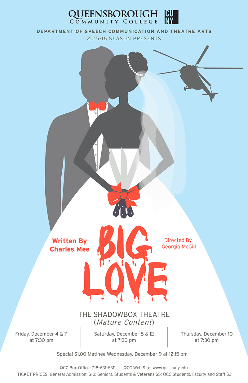 This is a poster for the past fall 2015 production of ‘Big Love’, written by Charles Mee, and directed by Professor McGill. The poster displays a bride and groom against a sky blue background and a helicopter in the distance.