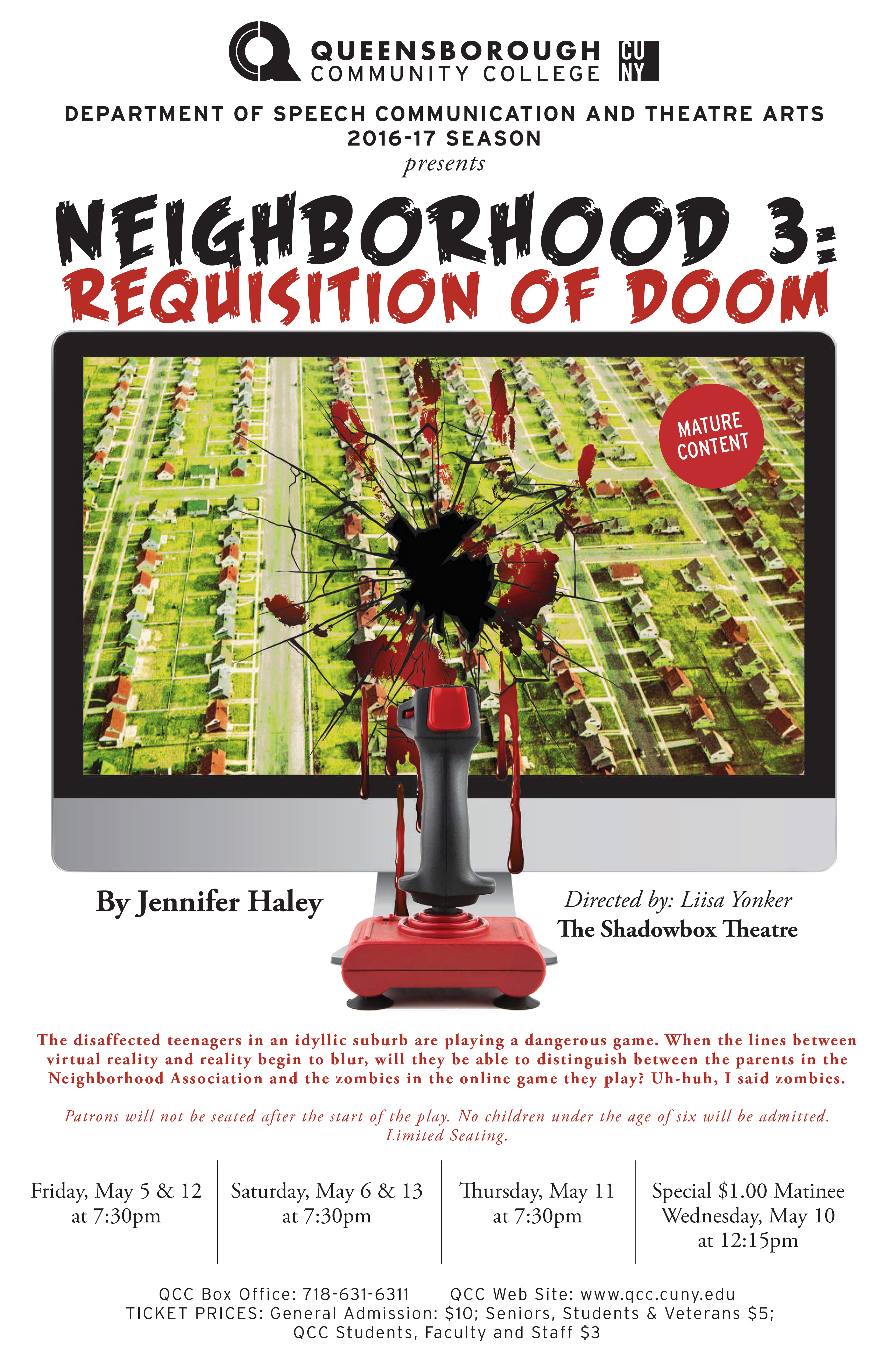 This is a poster for the past spring 2017 production of ‘Neighborhood 3: Requisition of Doom’, written by Jennifer Haley, and directed by Professor Yonker. The poster displays picture frames against a red velvet wall and a creepy hand coming from behind the armchair.