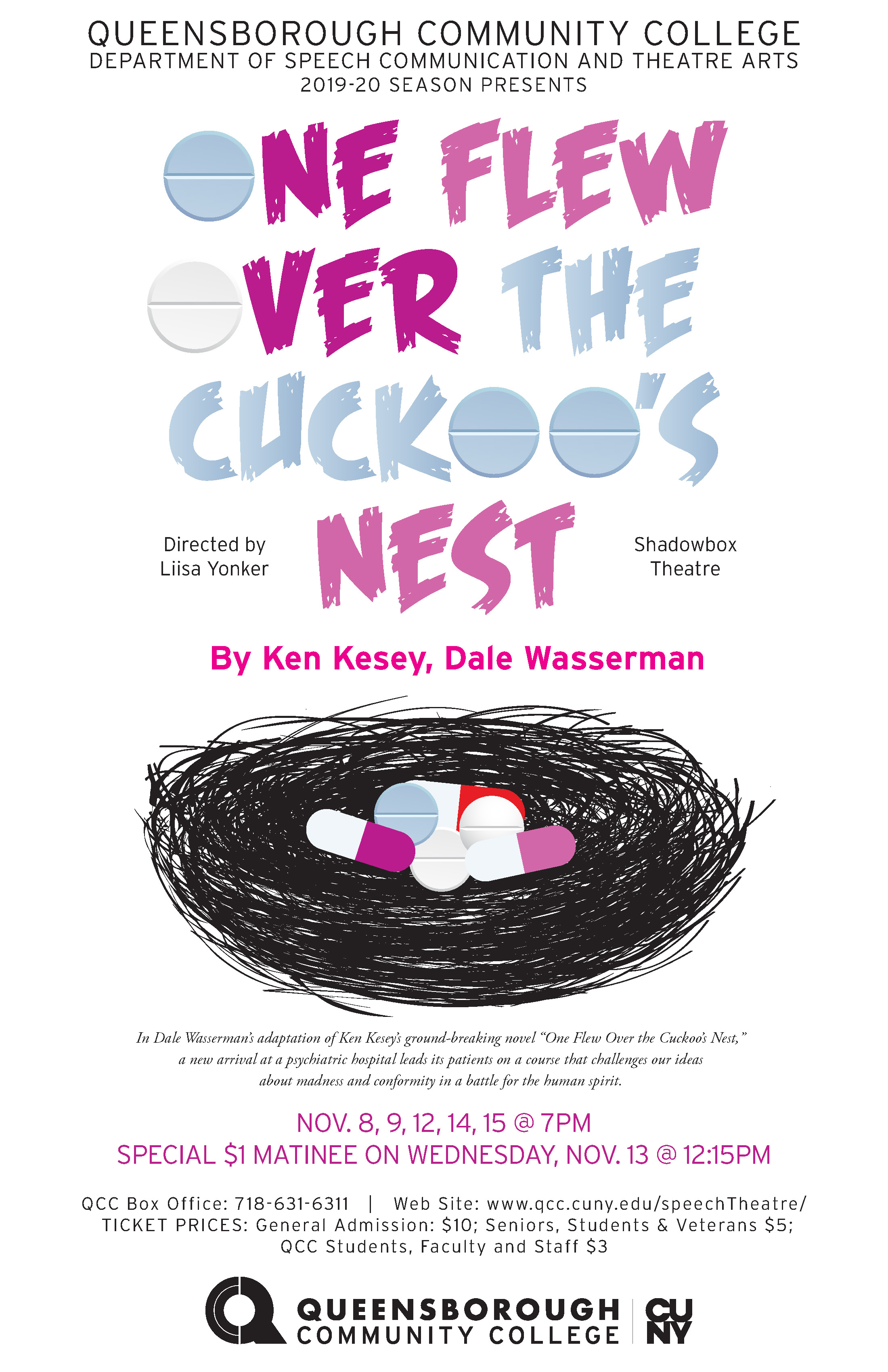 This is a poster for the fall 2019 production of ‘One Flew Over the Cuckoo’s Nest’ by Ken Kesey and Dale Wasserman, and Directed by Professor Yonker. The poster displays various pills in a birds nest.