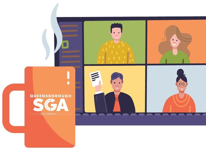 graphic of students on computer screen next to coffee cup with SGA logo