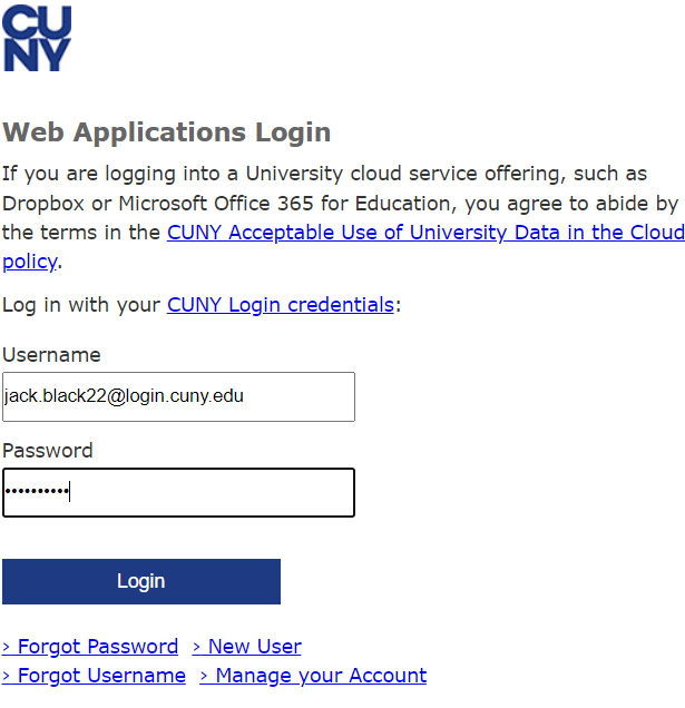 CUNY applications login screen