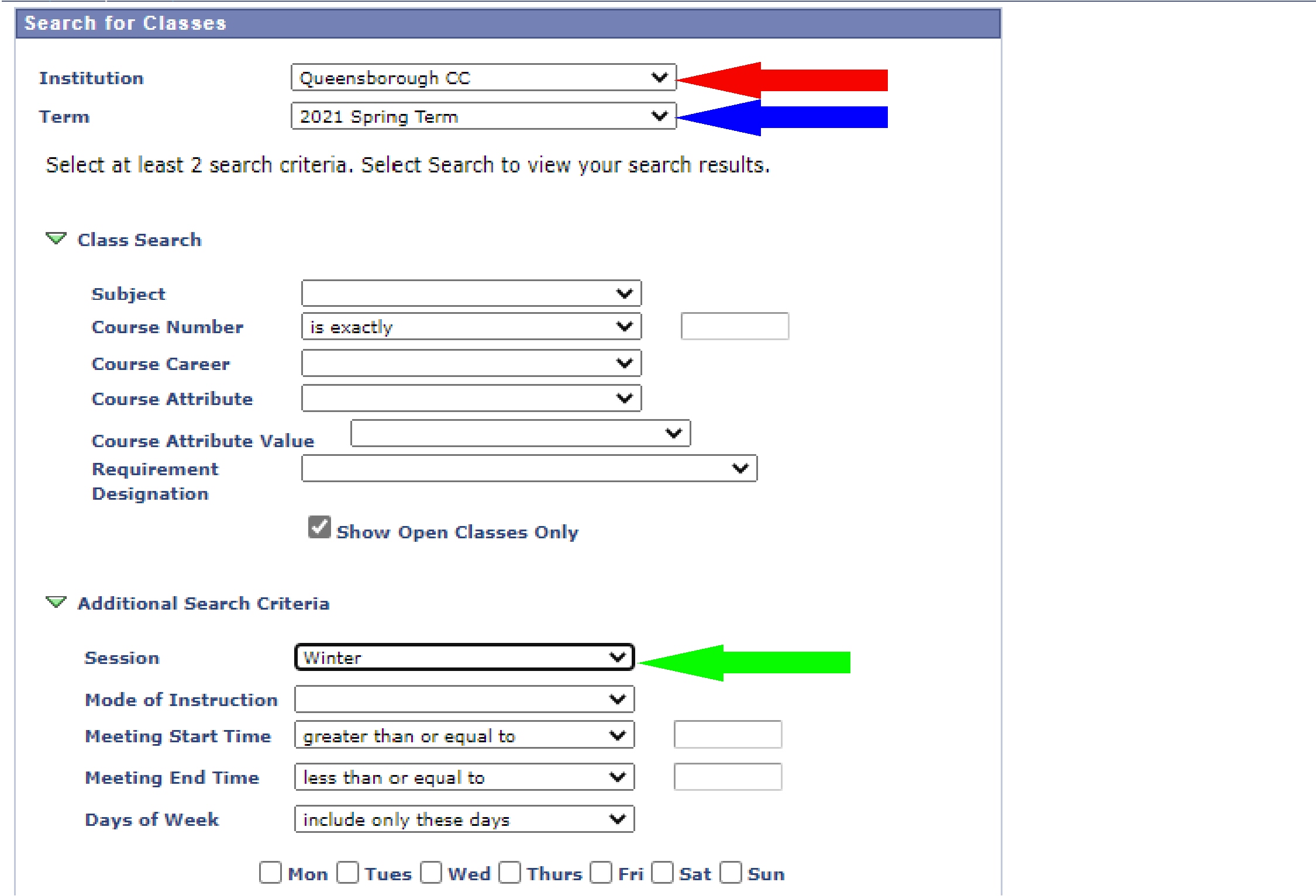 Search for Classes screen within CUNYfirst